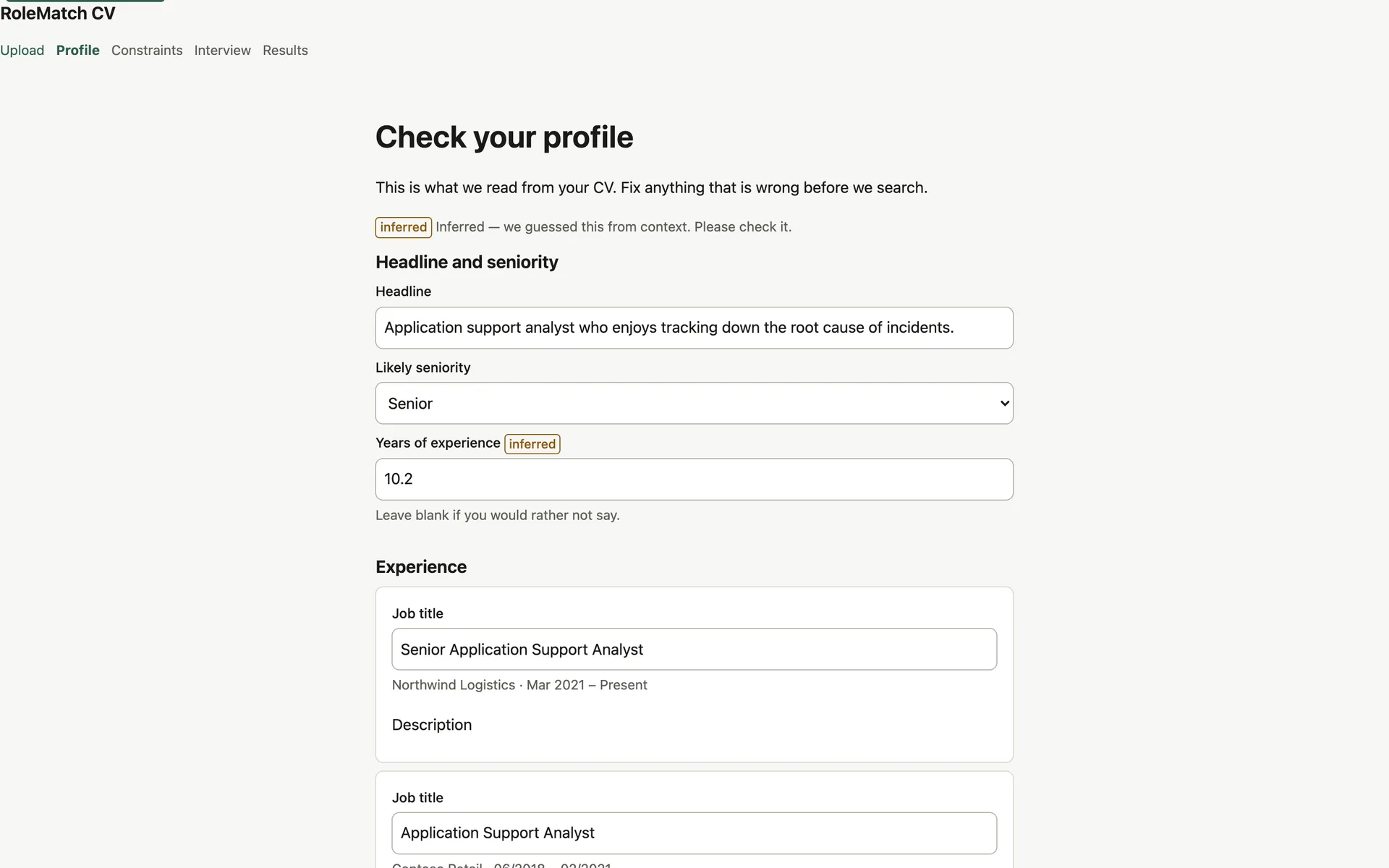 RoleMatch — Review the extracted profile and correct inferred details before matching.